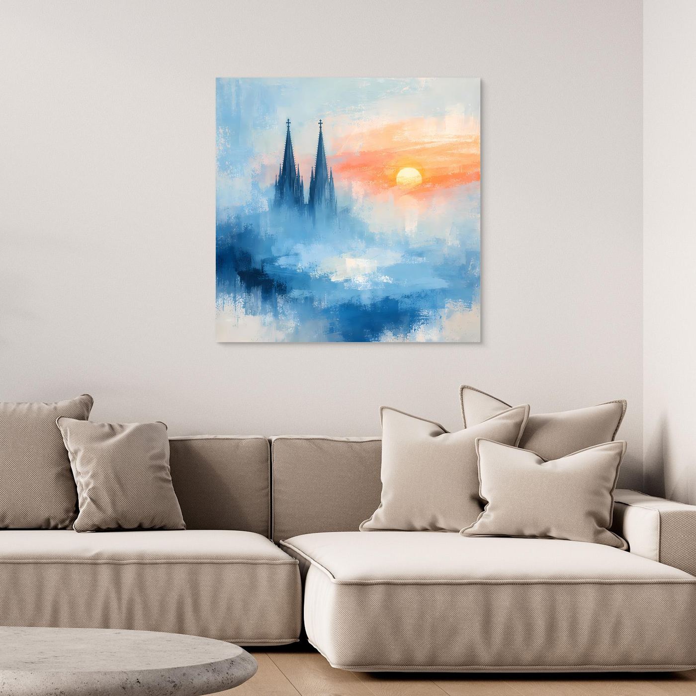 Kölner Dom Silhouette in Nebelblau | Moderne Abstrakte Leinwand mit Sonnenaufgang
