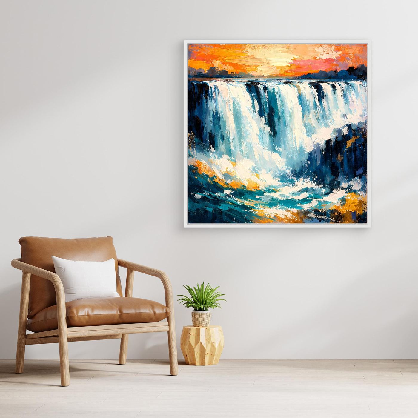 Gerahmtes Wandbild: abstrakter Wasserfall mit kräftigen Blau- und Orangetönen