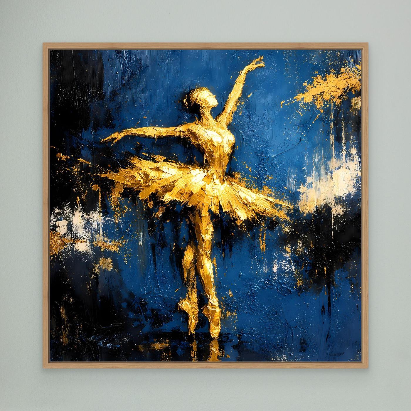Leinwand Elegante Ballerina in Gold und Blau | Abstraktes Ballett Wandbild