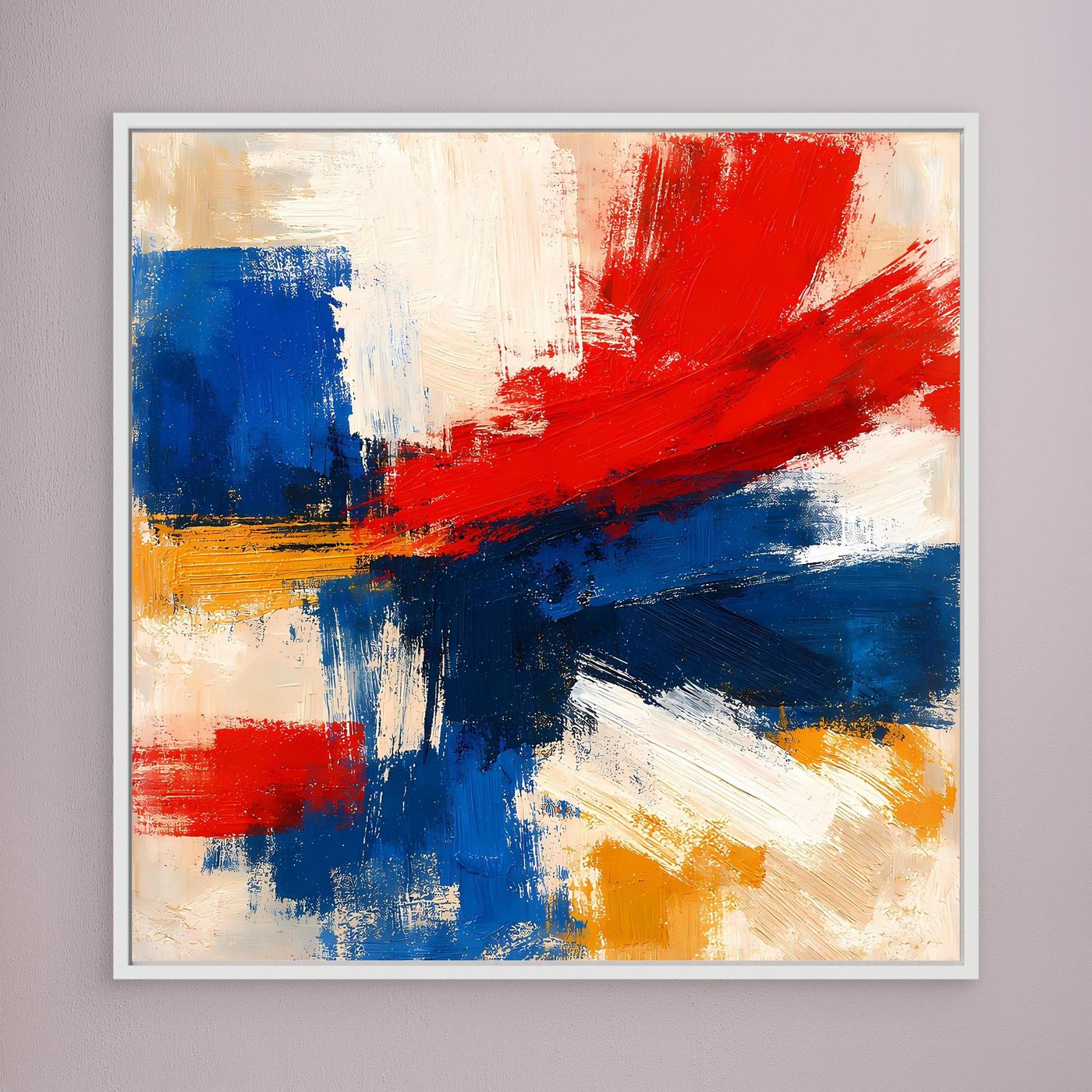 Abstract canvas wall art with red, blue, and yellow brushstrokes, white frame
