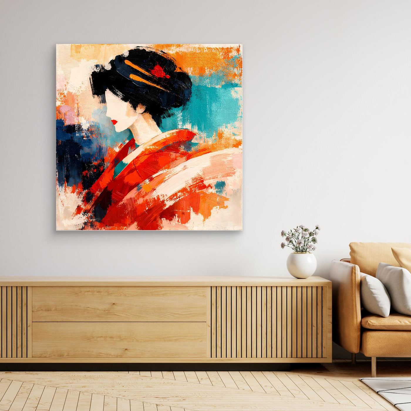 Square canvas wall art of a geisha in red kimono with blue and orange paint strokes