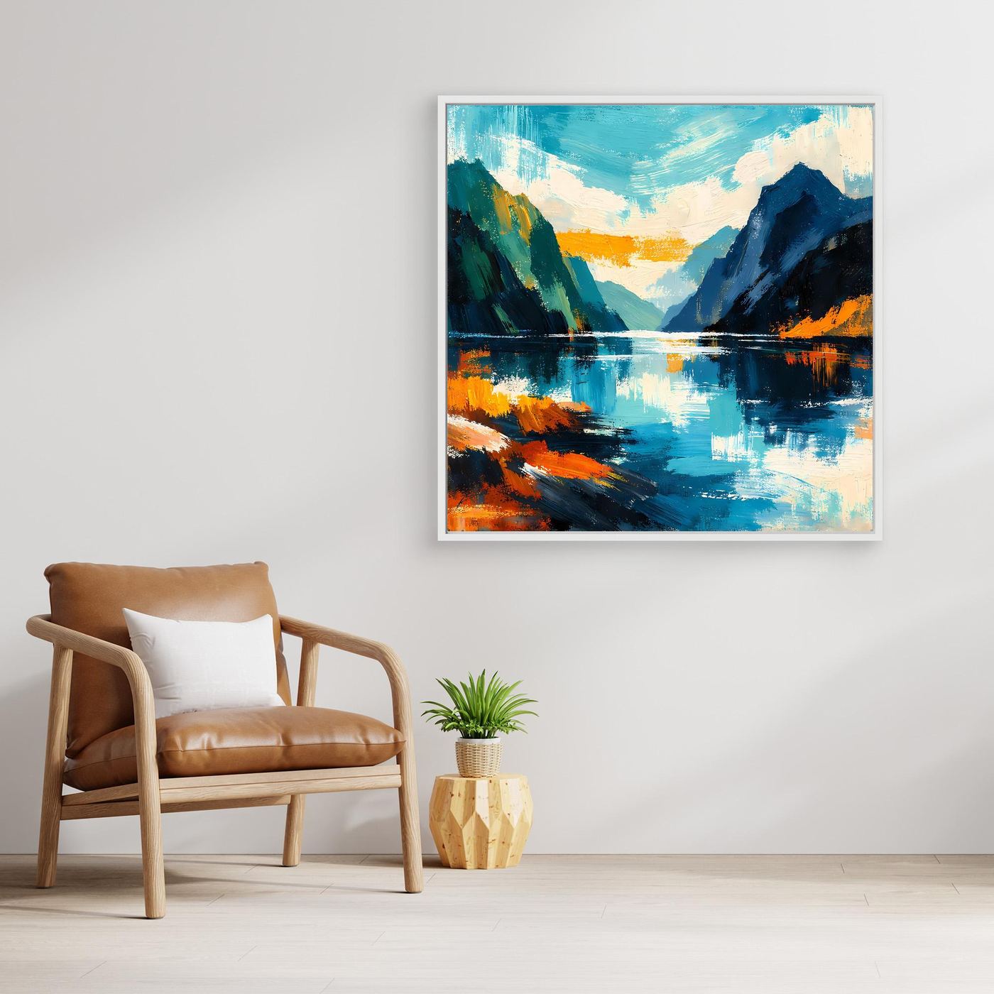 Gerahmtes Leinwandbild mit Fjordlandschaft in Blau, Türkis und Orange