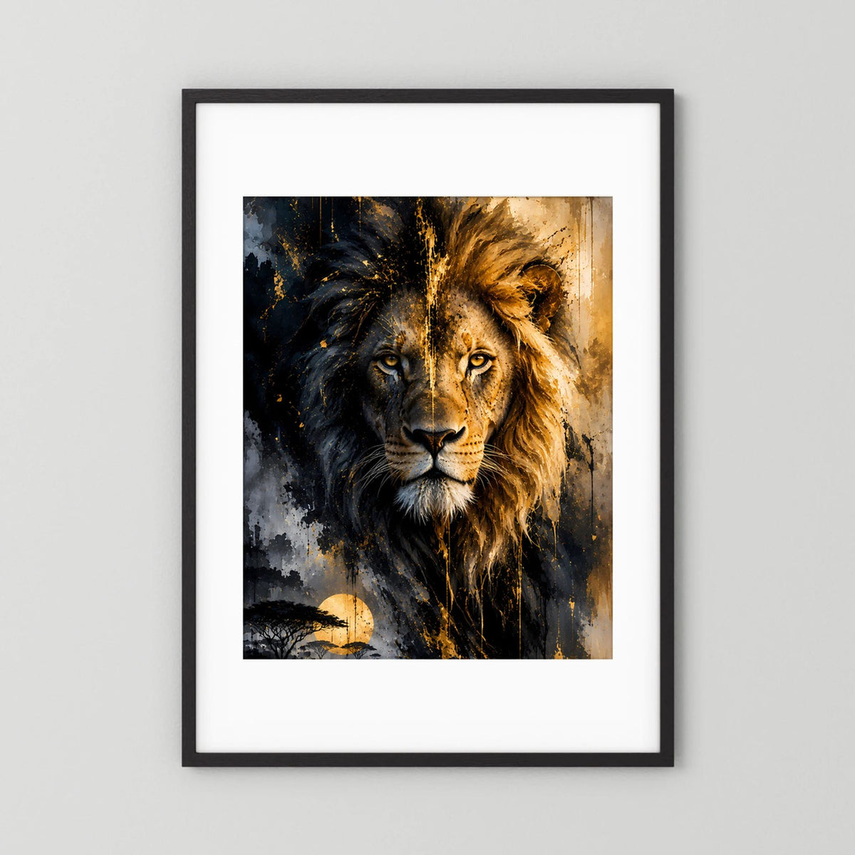 Löwenposter mit schwarzem Rahmen und weißer Umrandung, Löwenkopf in Schwarz und Gold