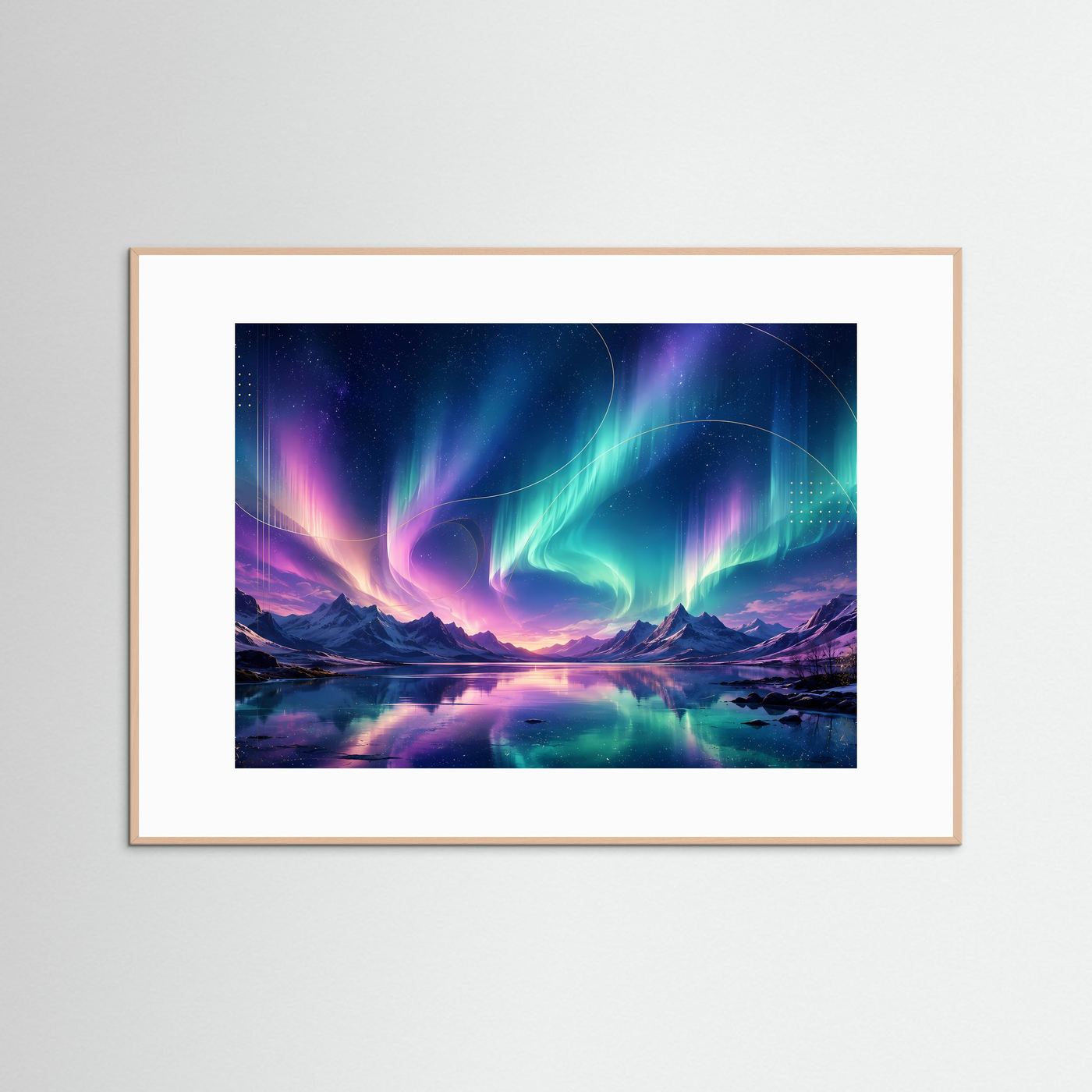 Poster Querformat: Aurora über Berglandschaft, blau-violetter Himmel, heller Holzrahmen