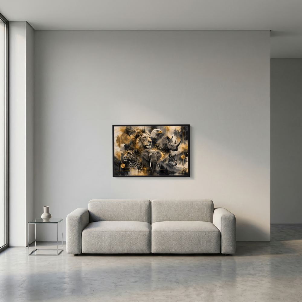 Kleines Tierposter im Querformat mit Löwe, Elefant, Wolf, Adler, Nashorn im Gold-Schwarz-Stil, schwarz gerahmt