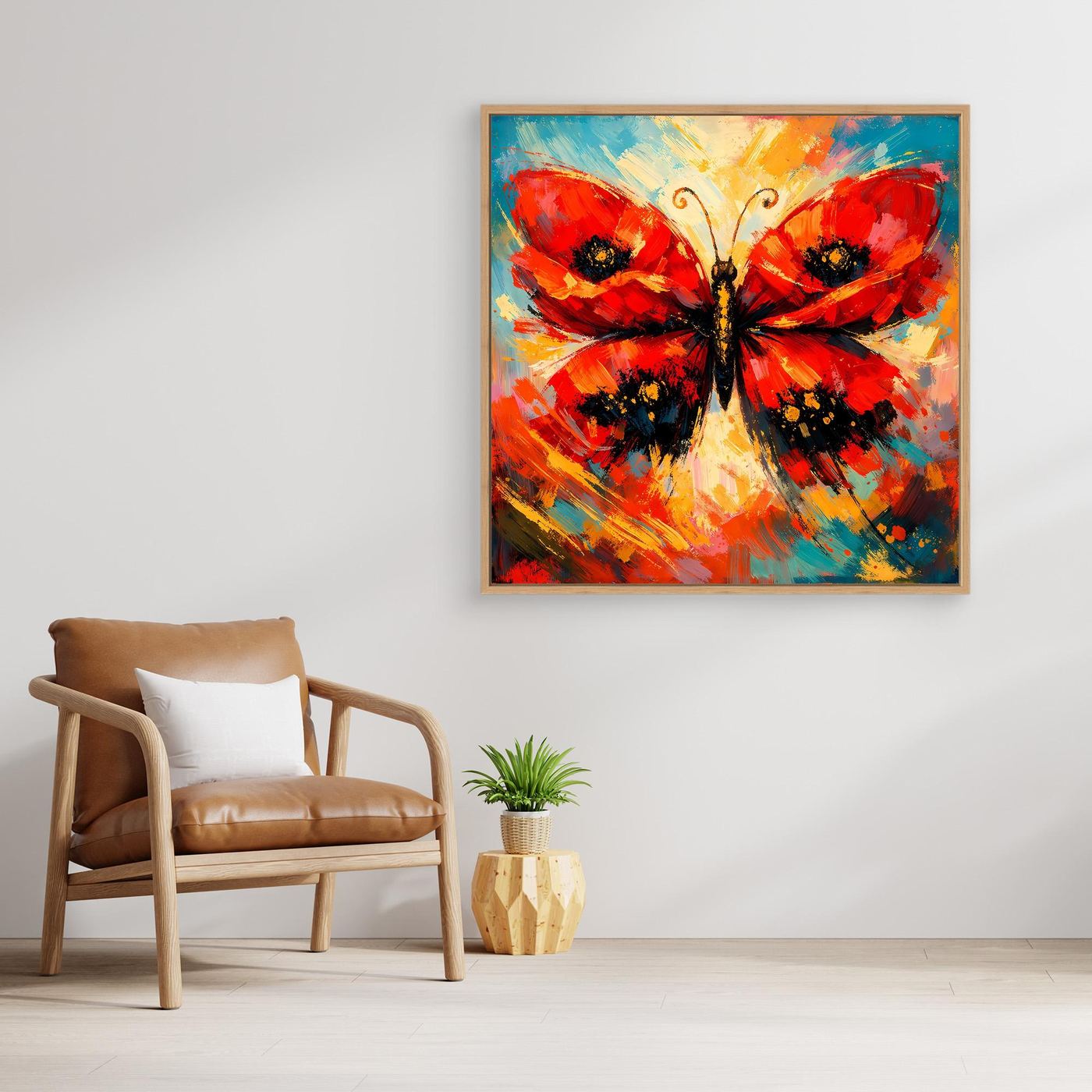 Gerahmtes Leinwandbild mit abstraktem Schmetterling in Rot, Schwarz, Blau und Türkis