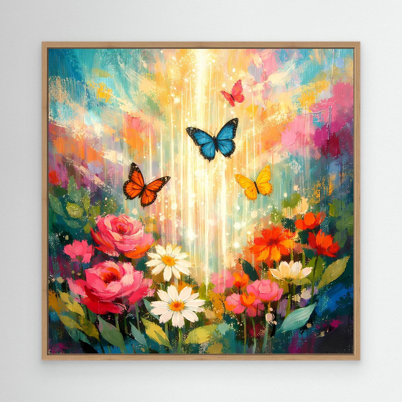 Wandbild mit Eichenrahmen: bunte Blumen und Schmetterlinge auf abstraktem Farbfeld