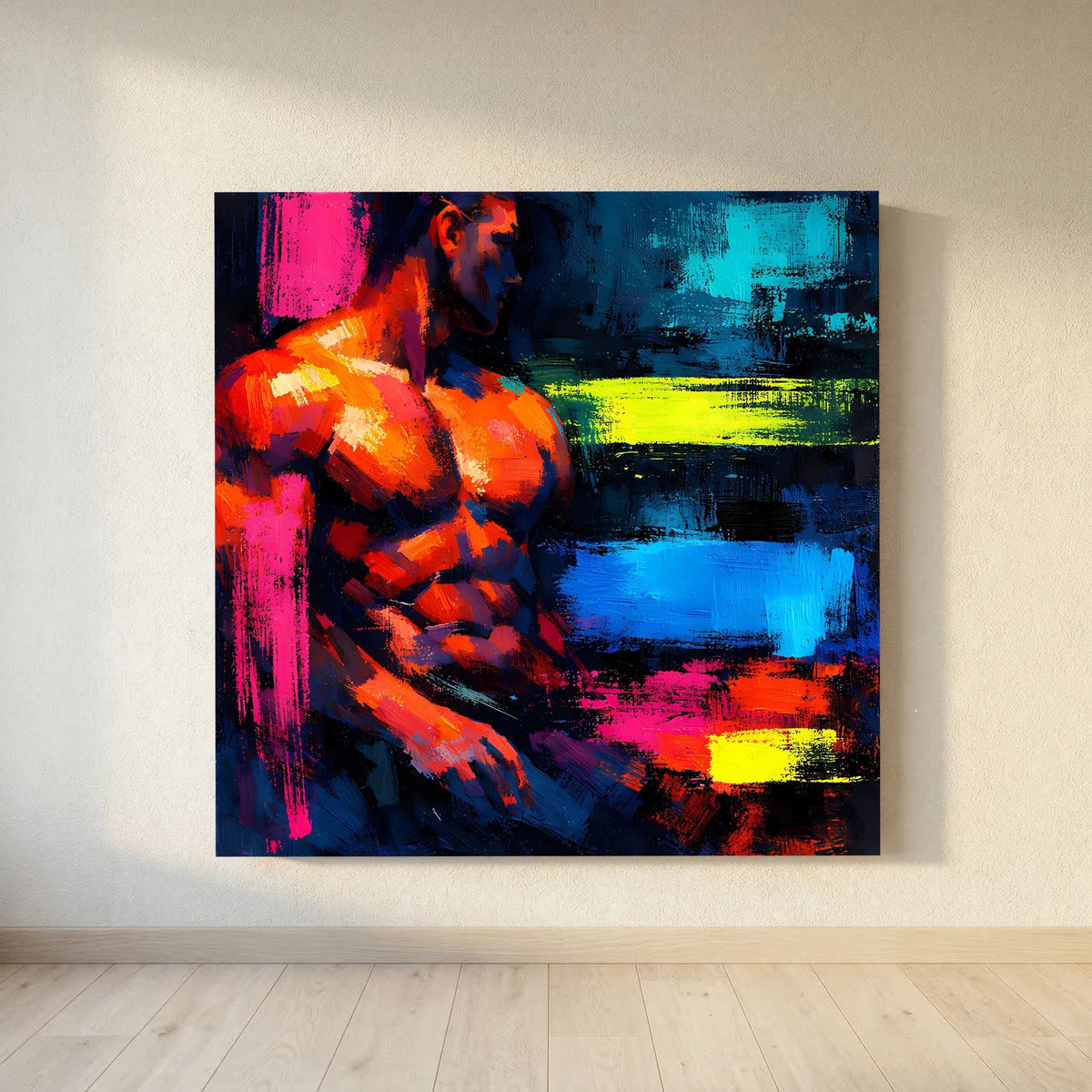 Leinwandbild im Querformat: abstrakter männlicher Torso, orange und pink, blau gestreifte Flächen