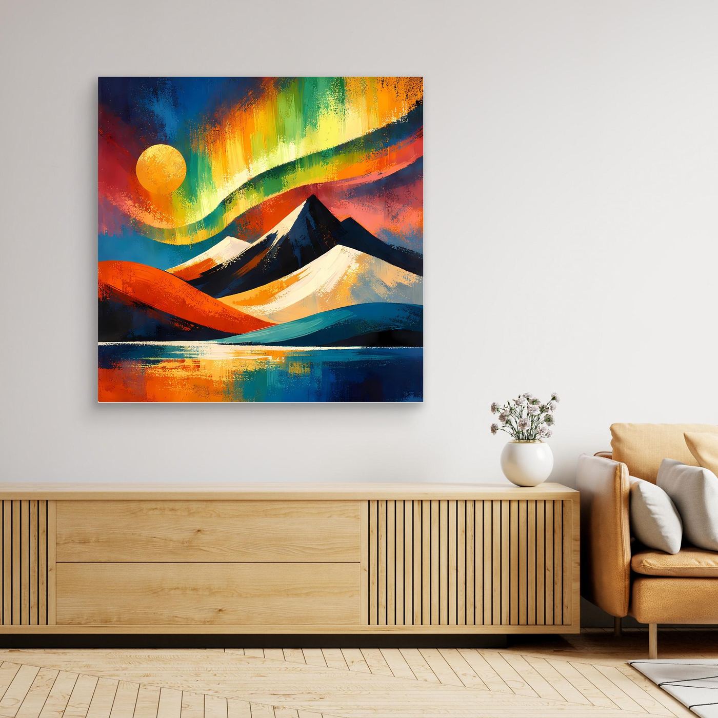 Gerahmtes abstraktes Leinwandbild mit Berglandschaft, gelber Sonne, Regenbogen und See
