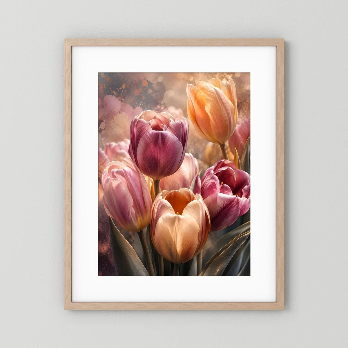 Tulpenposter im hellen Holzrahmen mit weißem Passepartout, rosa und apricot Tulpen.