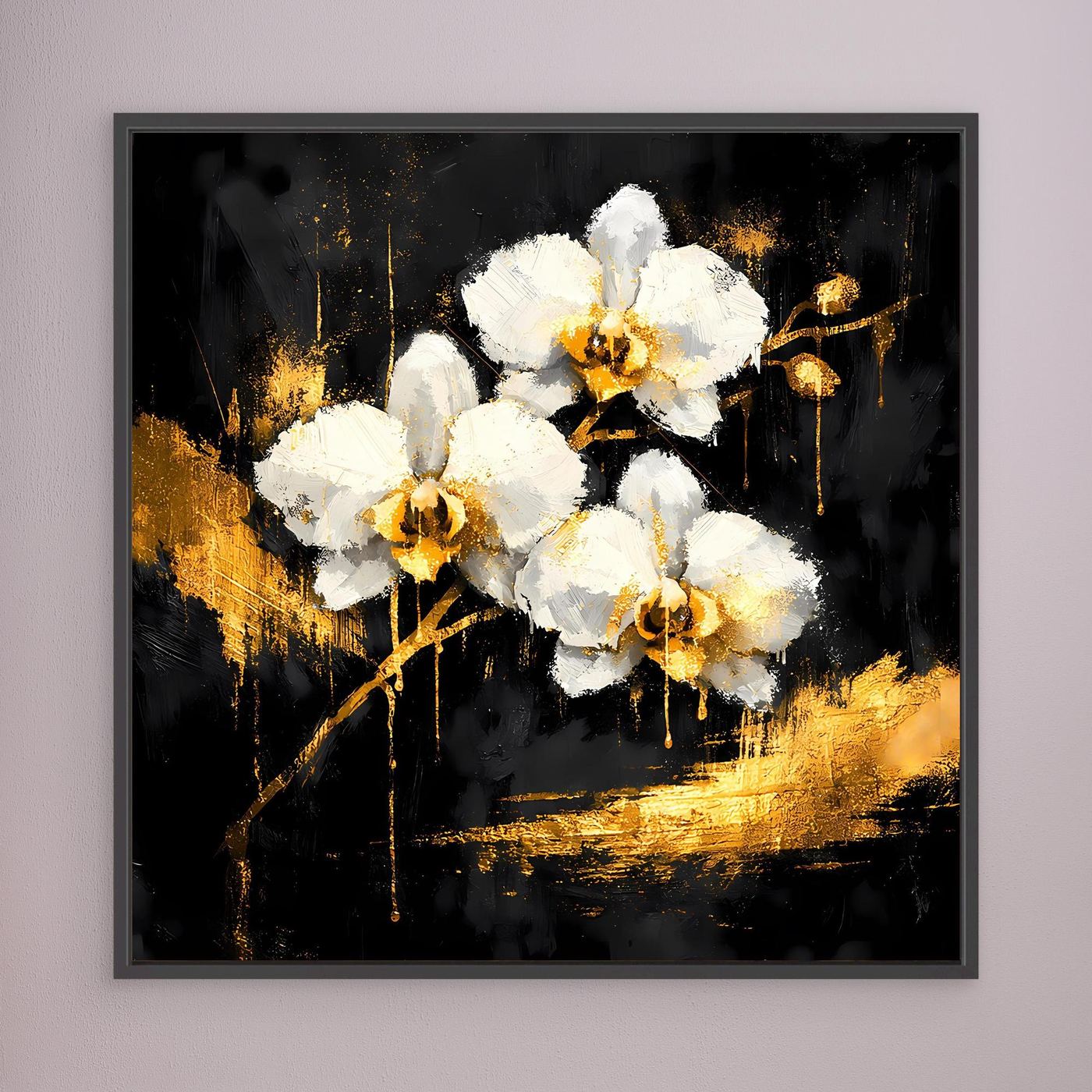 Leinwand Elegante Orchideen in Gold und Schwarz | Modernes Florales Luxus Wandbild