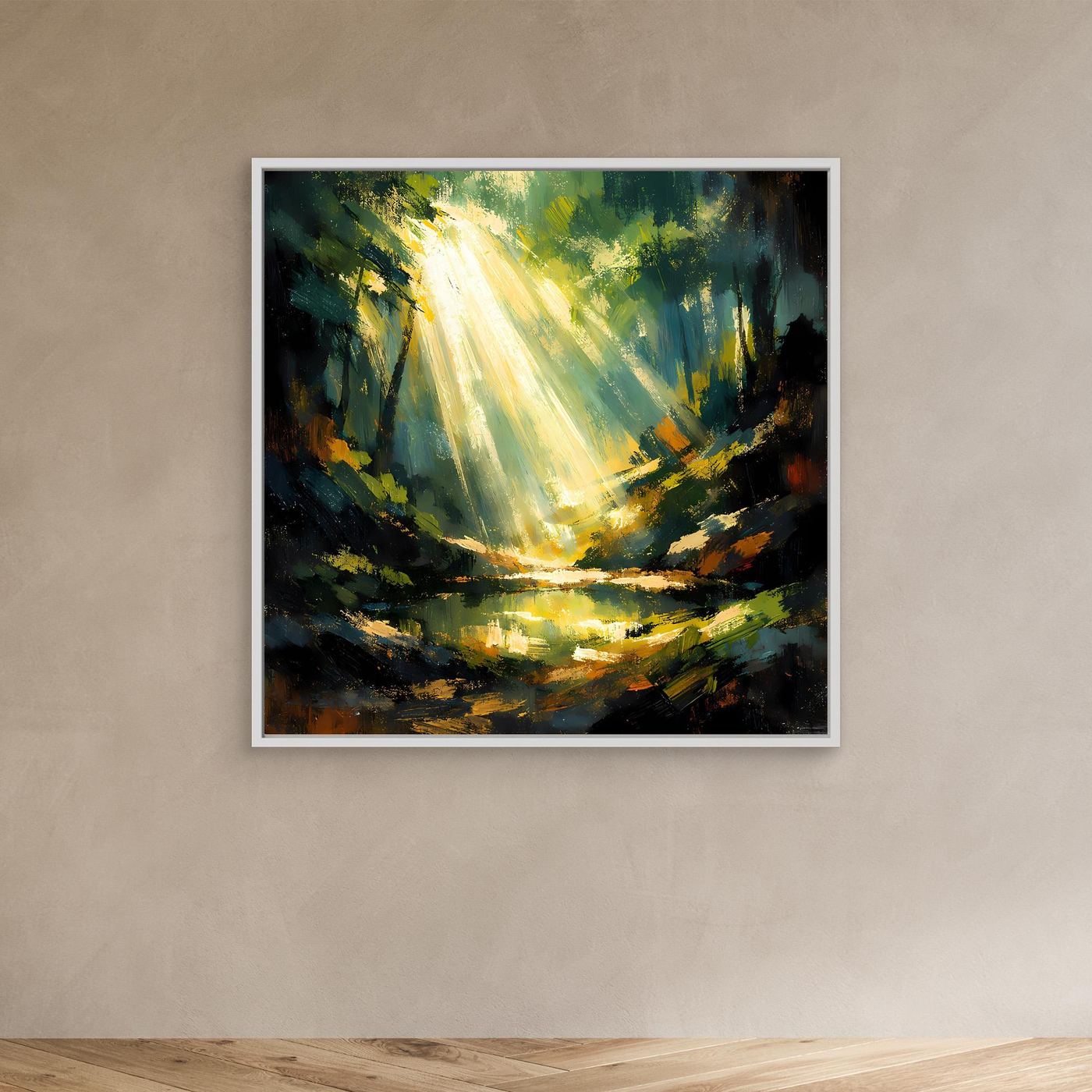 Leinwandbild: goldene Lichtstrahlen im Wald über Teich, mit hellem Rahmen