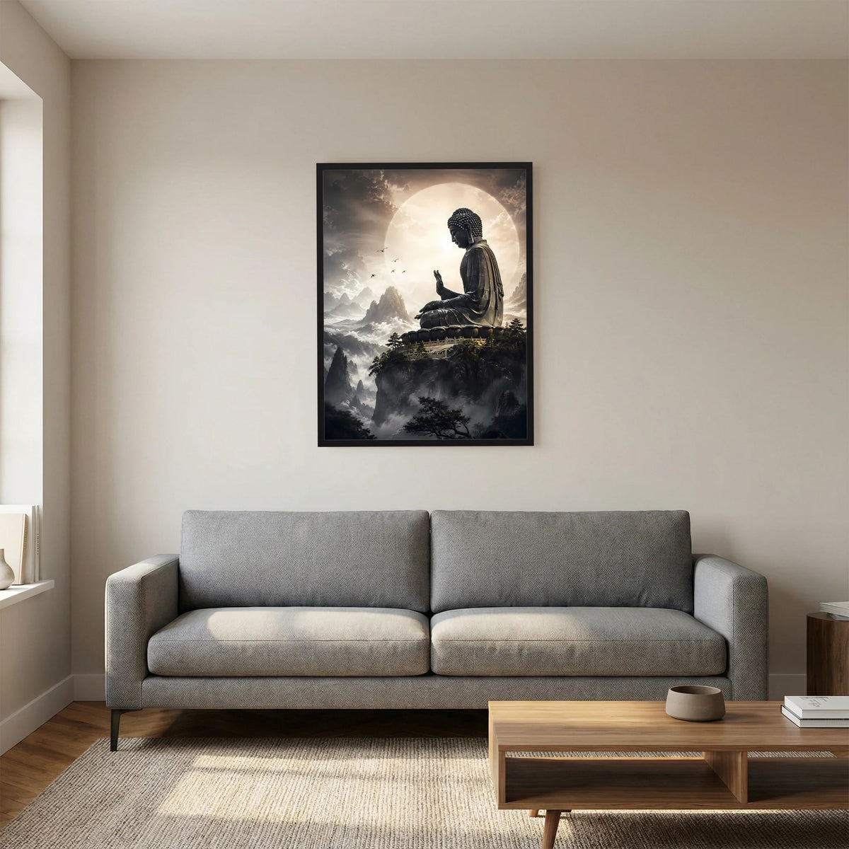 Poster mit sitzendem Buddha über Wolken, schwarz gerahmt, Hochformat