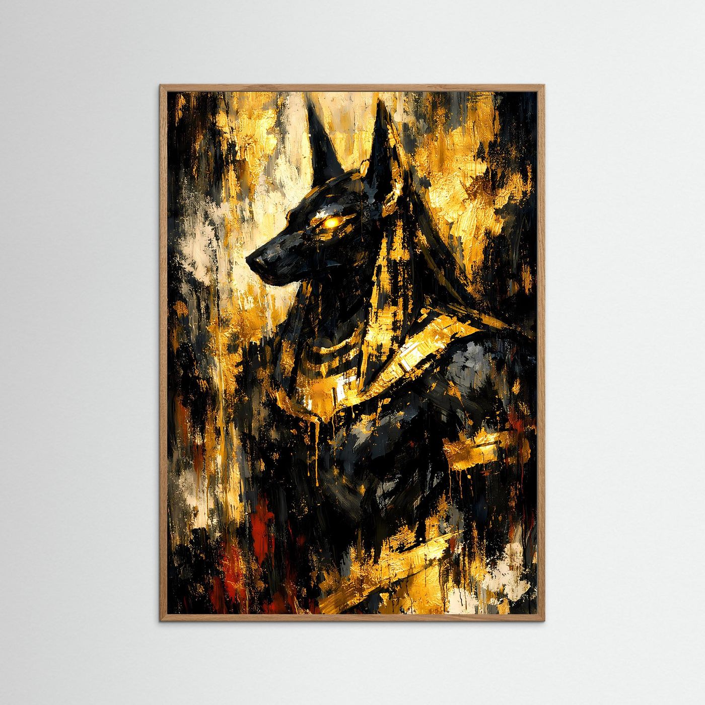 Abstraktes Anubis-Ägyptenposter im rosafarbenen Holzrahmen, goldene und schwarze Farbflächen