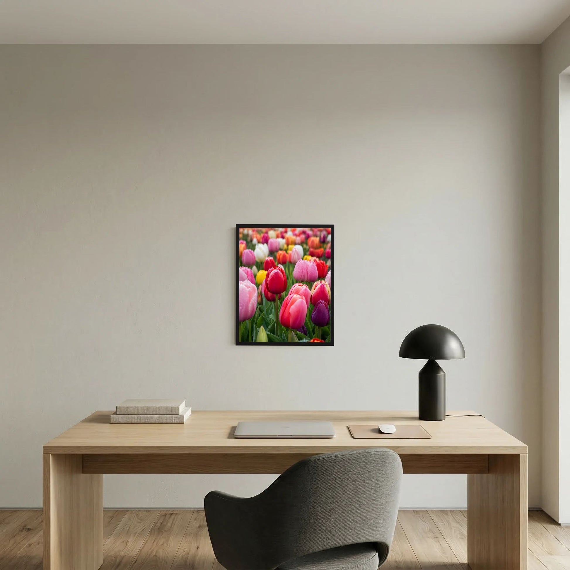 Gerahmtes Hochformat-Tulpenfeld-Poster mit bunten rosa-roten Tulpenblüten (schwarz)
