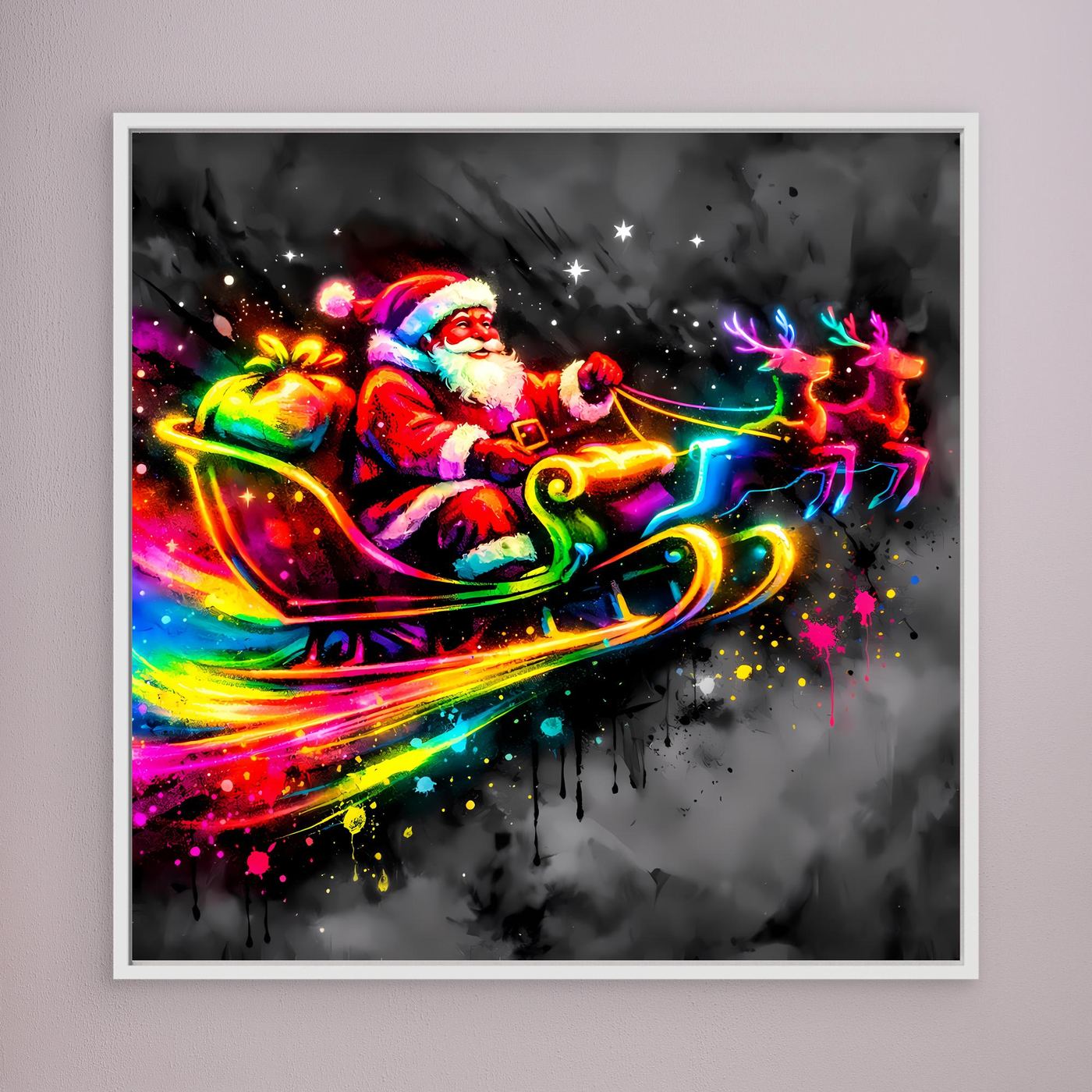 Gerahmtes Leinwandbild: Weihnachtsmann im Neon-Schlitten, leuchtende Regenbogen-Linien