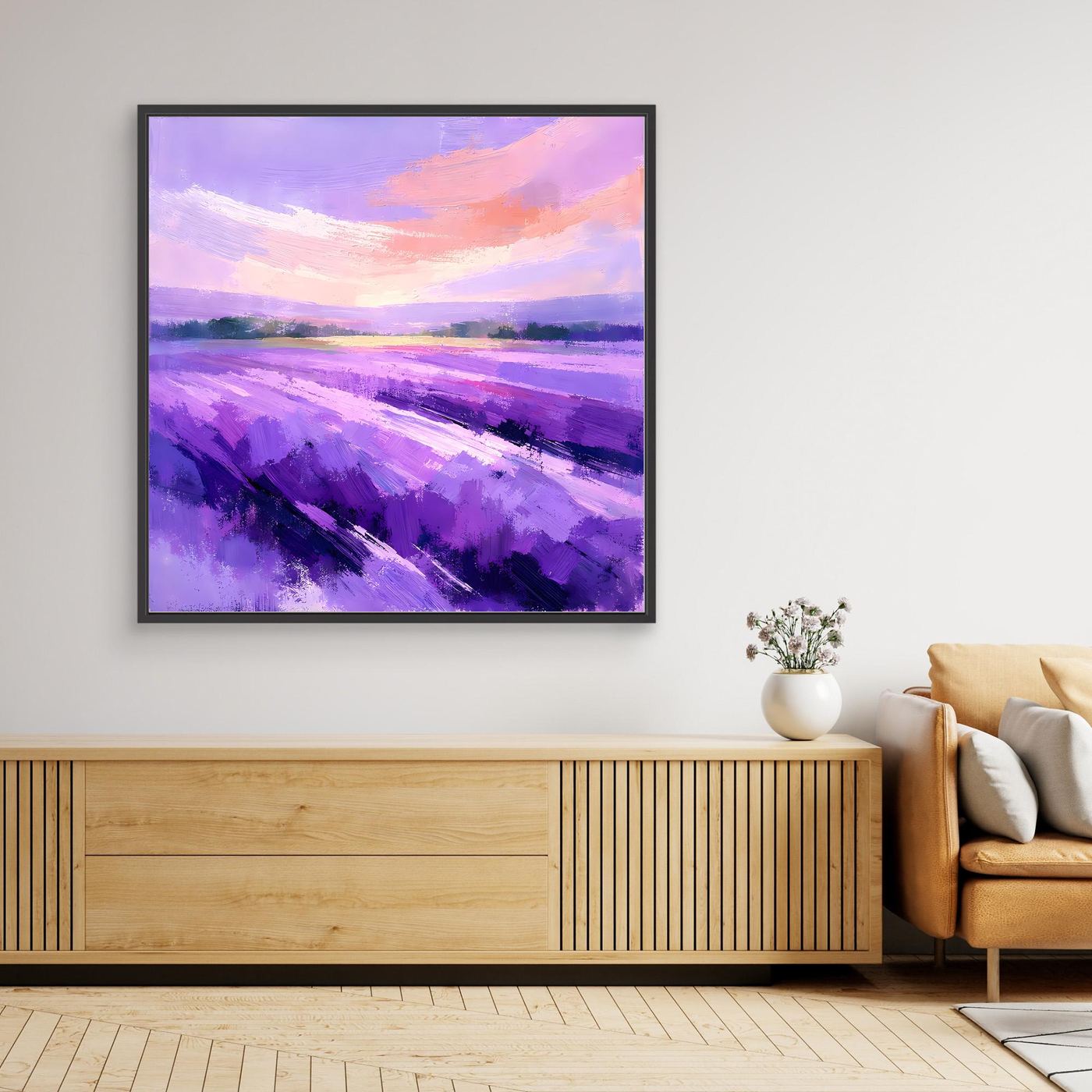Leinwand Abstraktes Lavendelfeld im Abendlicht | Modernes Provence Wandbild Lila