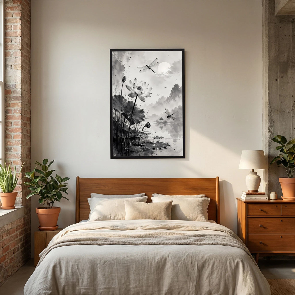 Gerahmtes Hochformat-Poster: Lotusblüten und Libellen in Schwarzweiß-Tusche