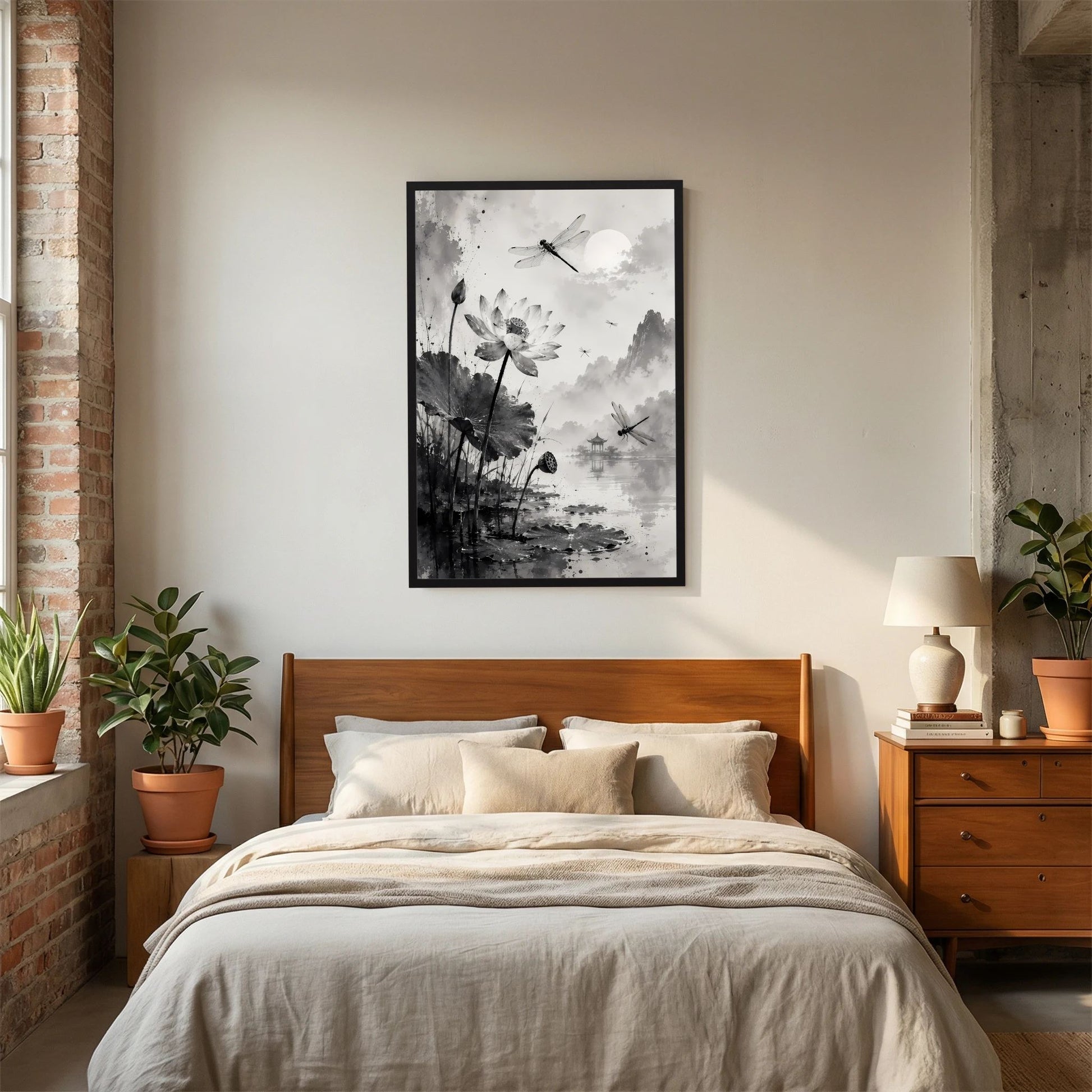 Gerahmtes Hochformat-Poster: Lotusblüten und Libellen in Schwarzweiß-Tusche