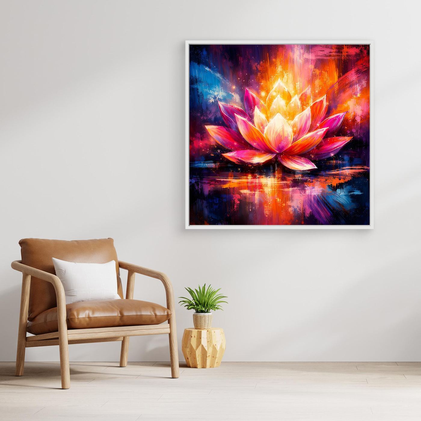 Wandbild mit abstrakter Lotusblüte, bunte Farben, schwarzer Rahmen