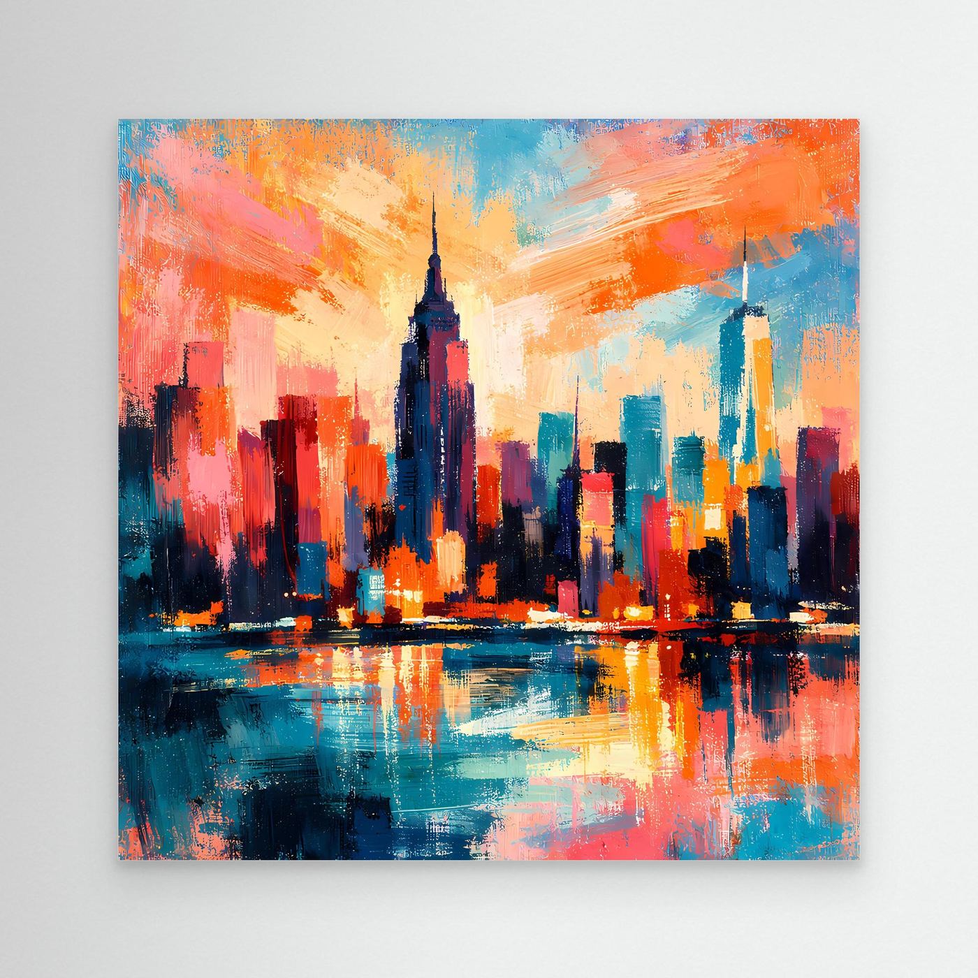 Abstraktes Leinwandbild mit Skyline und Wasserspiegelung, orange-blau, weißer Rahmen