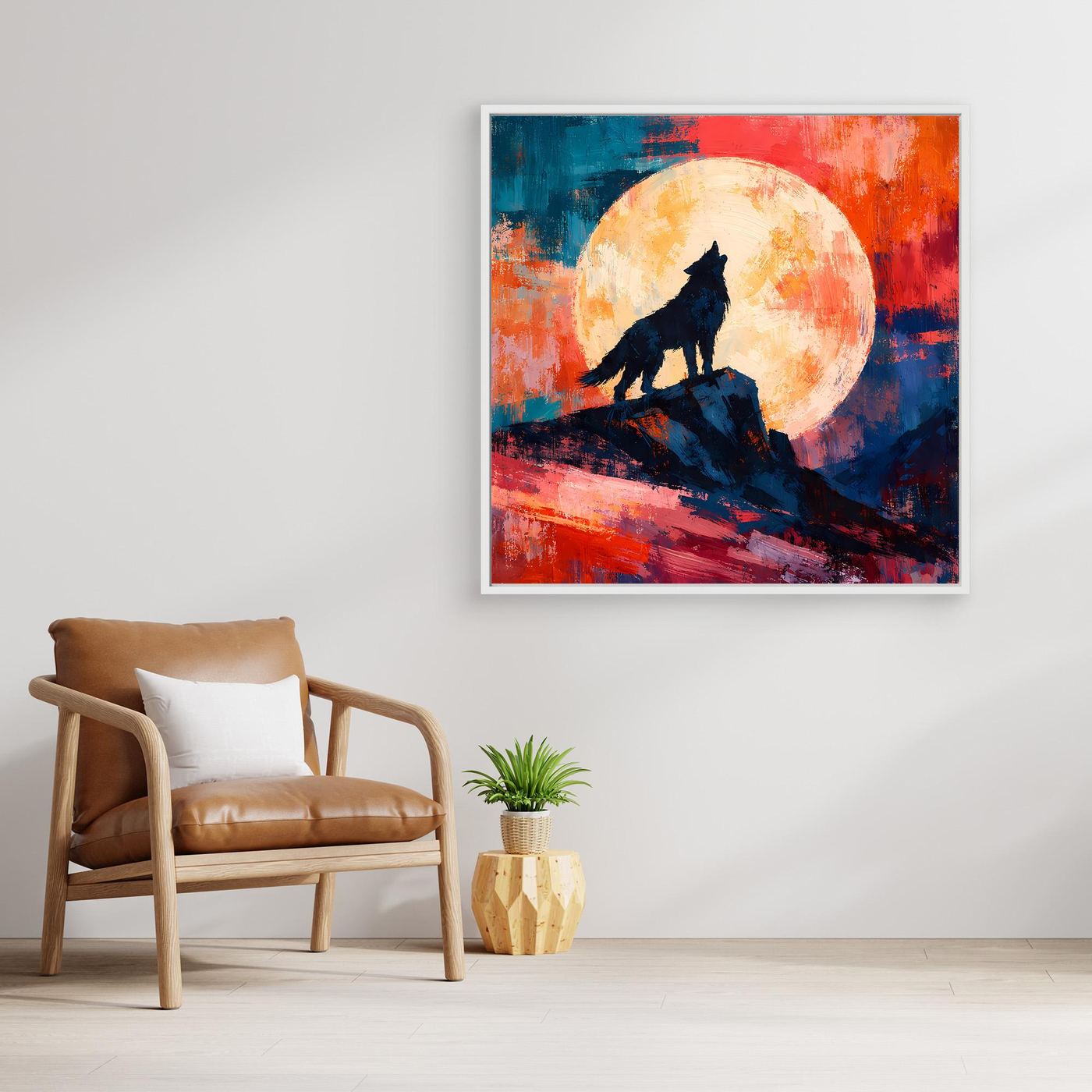 Leinwand Abstraktes Wolf Gemälde | Modernes Mystisches Wandbild Heulender Wolf Vollmond