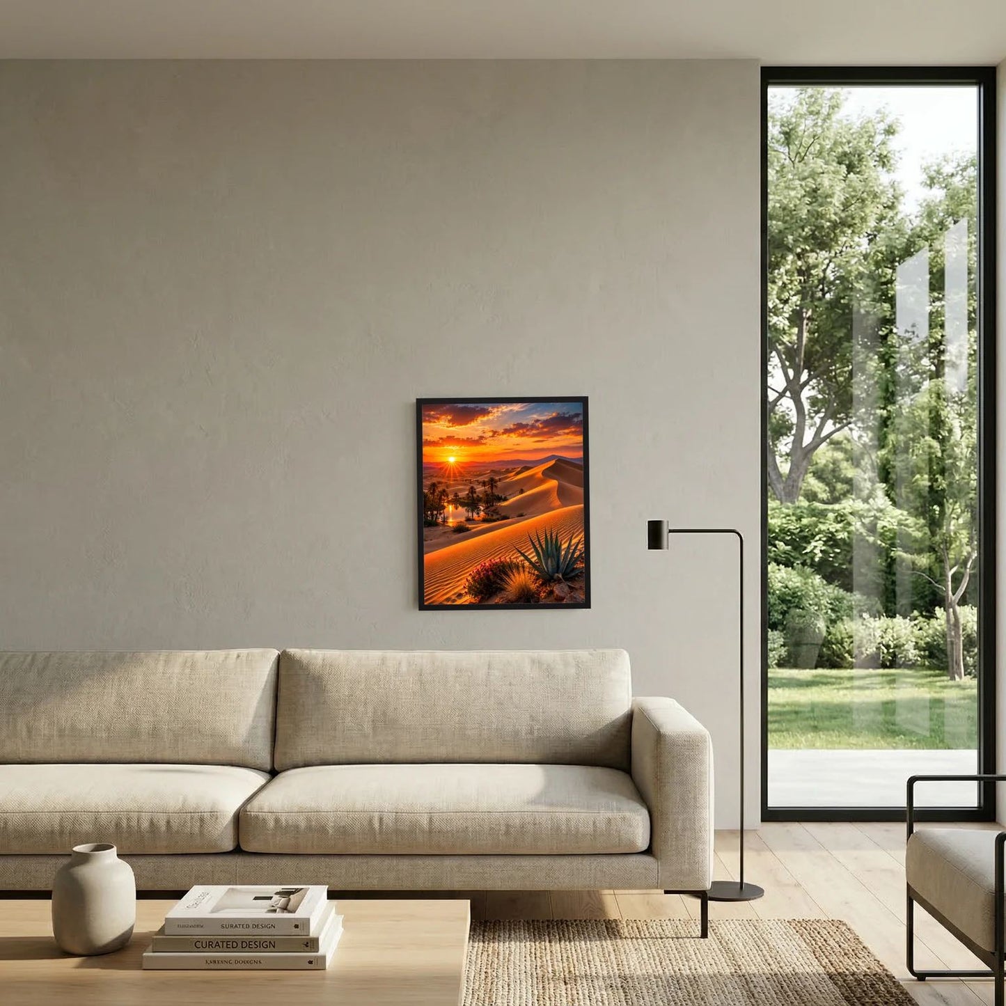 Wandposter im Hochformat mit Wüste und Oase, goldene Dünen und Palmen im Sonnenuntergang
