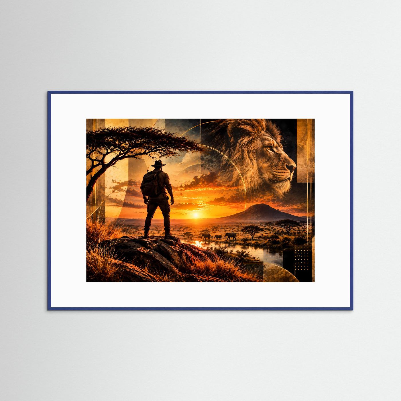 Gerahmtes Poster im Querformat mit Ranger-Silhouette und Löwenkopf bei Sonnenuntergang, blau
