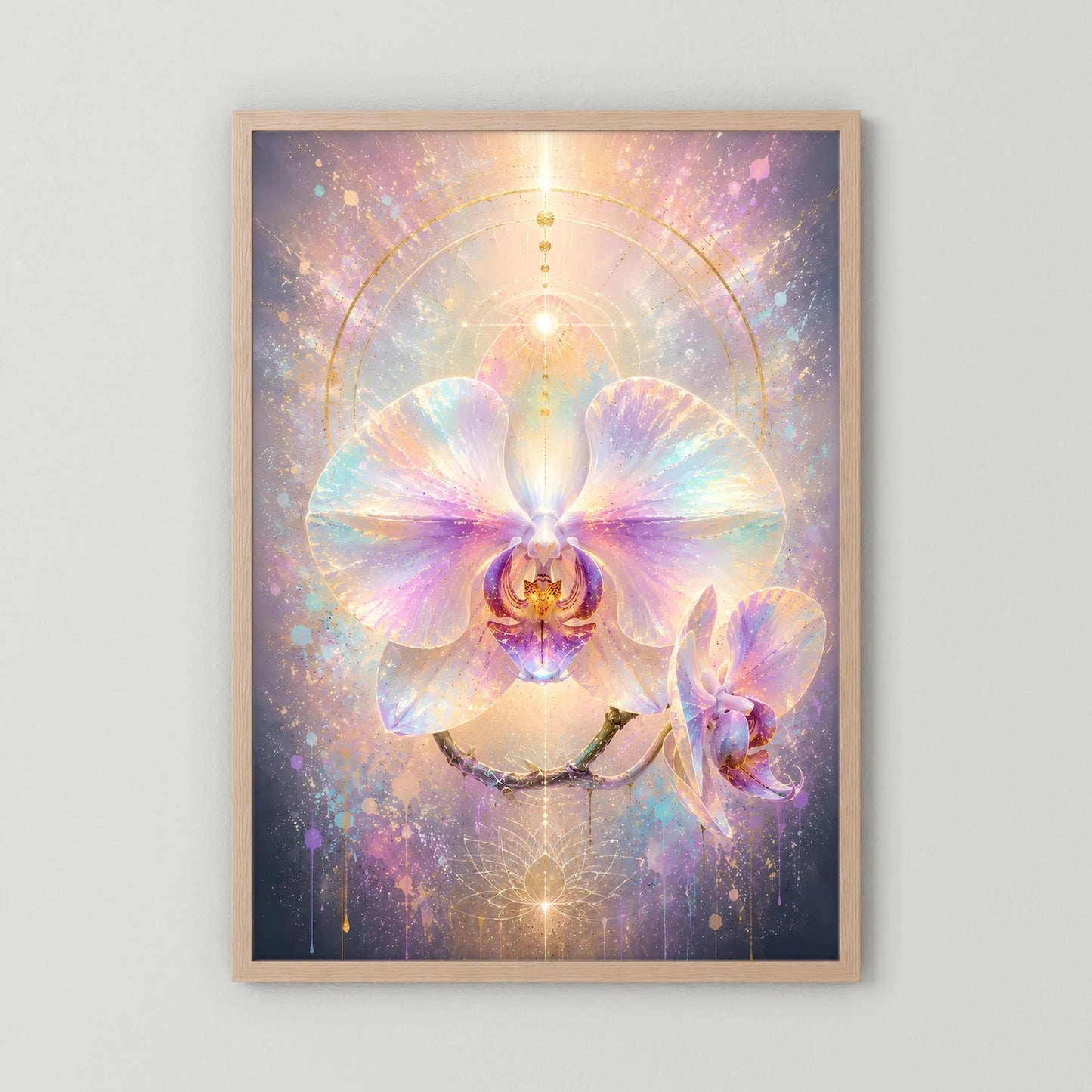 Orchideen-Pastellposter mit Holzrahmen in Naturton, Orchideenblüte in Pastellfarben