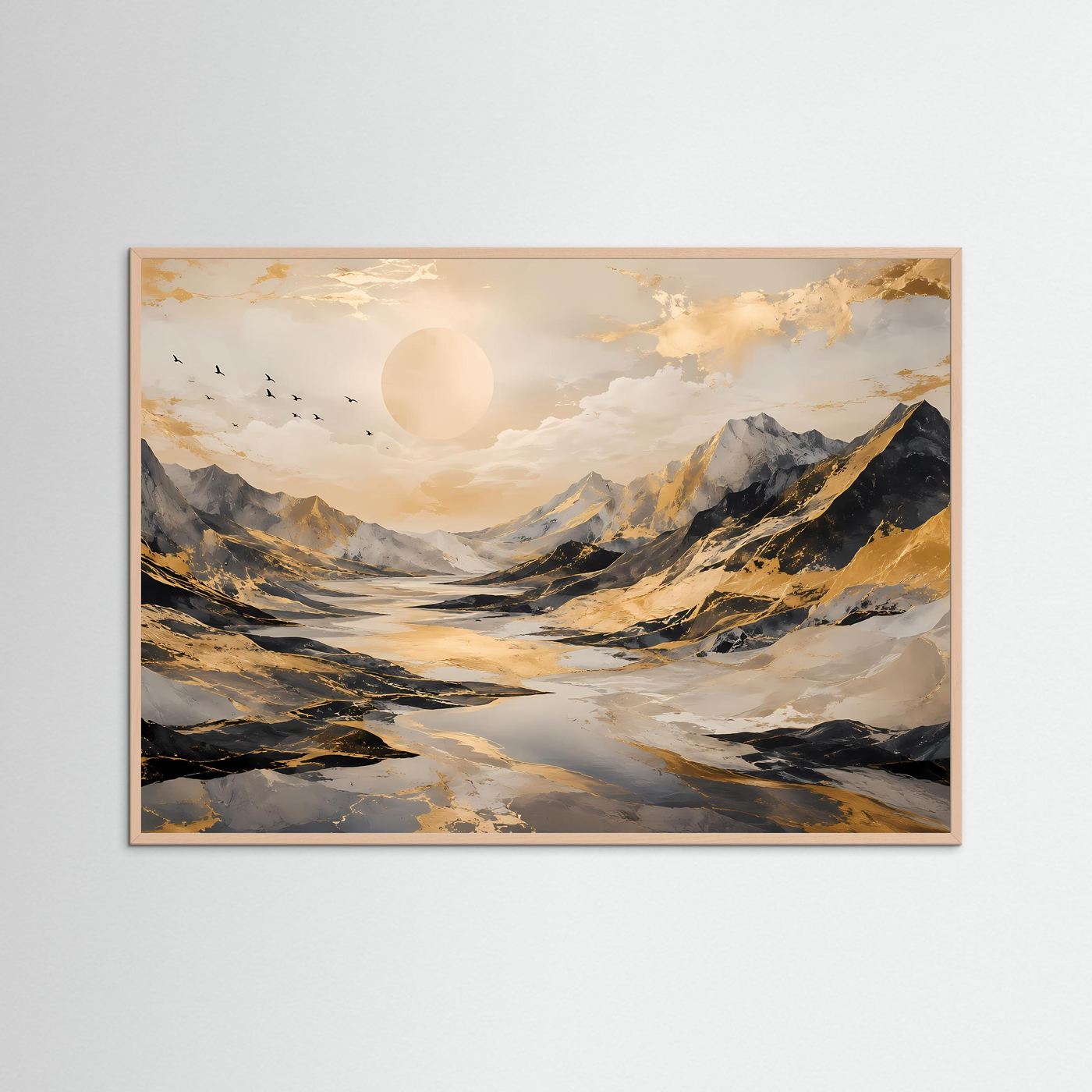 Abstrakte Berglandschaft mit Goldakzenten | Modernes Poster in Schwarz, Weiß & Gold | Edles Wandbild Querformat