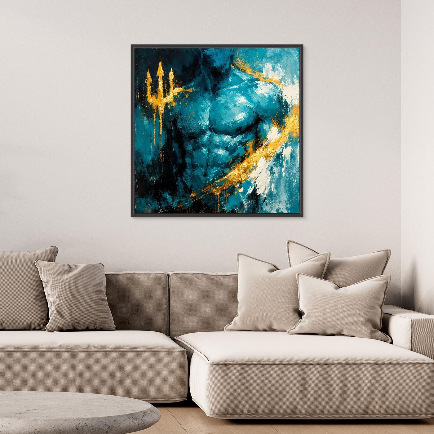 Leinwand Kraftvoller Poseidon in Türkis | Abstraktes Meeresgott Wandbild Gold