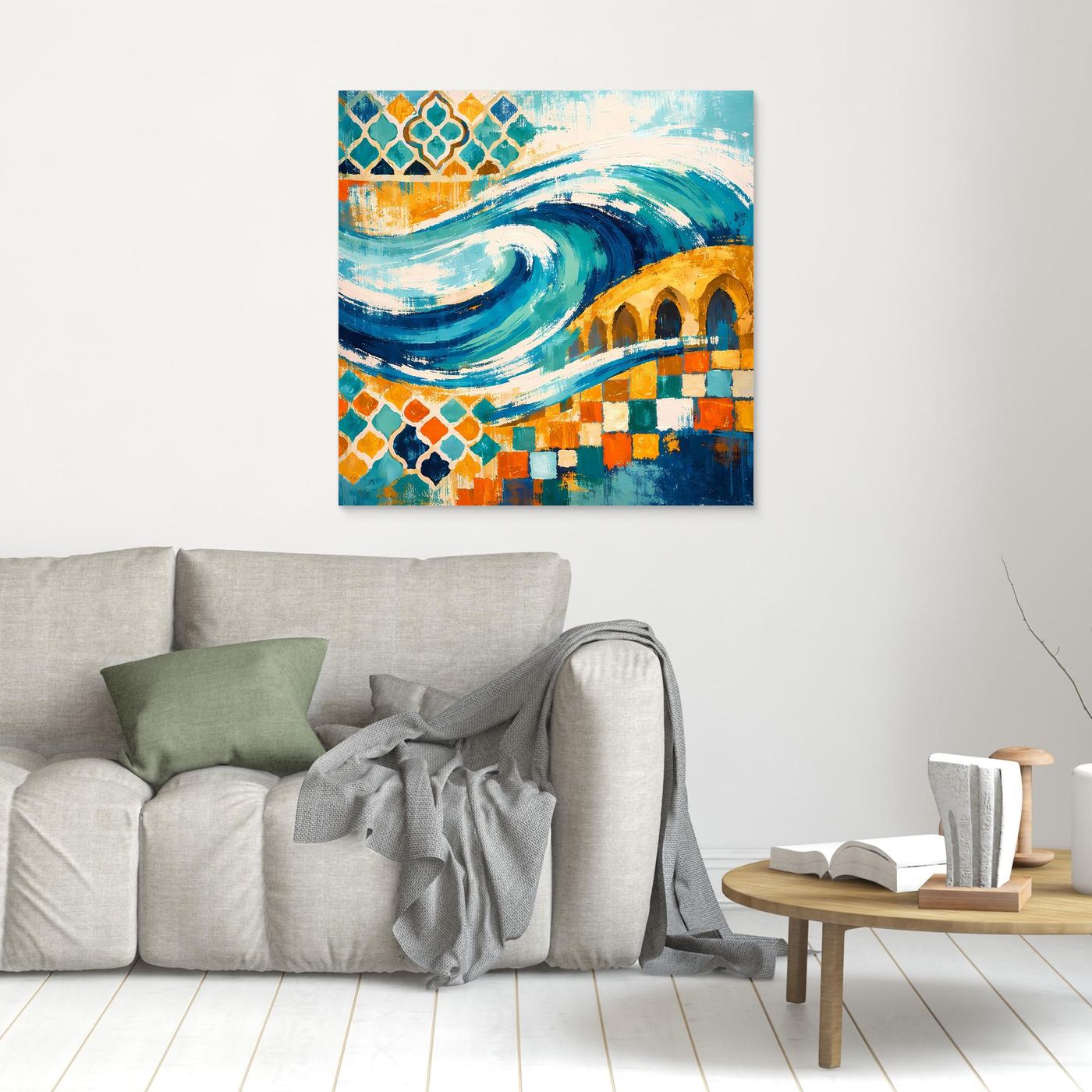 Kleines Leinwand-Wandbild mit Wellen und Ornamenten im Mosaikstil in Blau, Türkis und Gelb