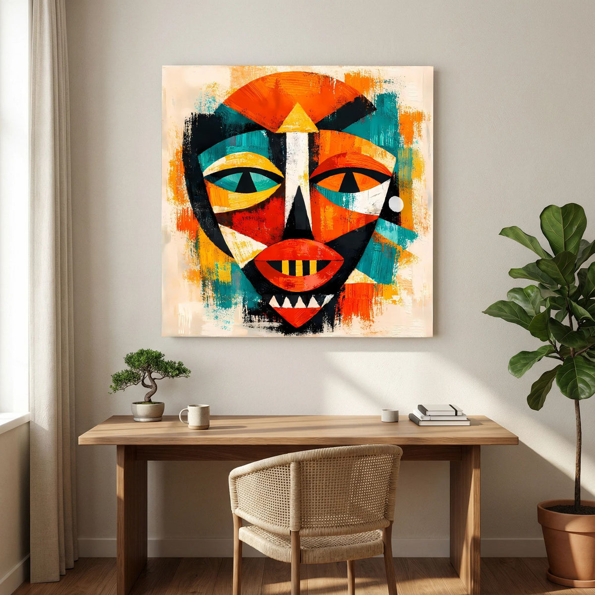 Abstraktes Leinwandbild afrikanische Maske mit stilisierten Augen und rotem Lächeln