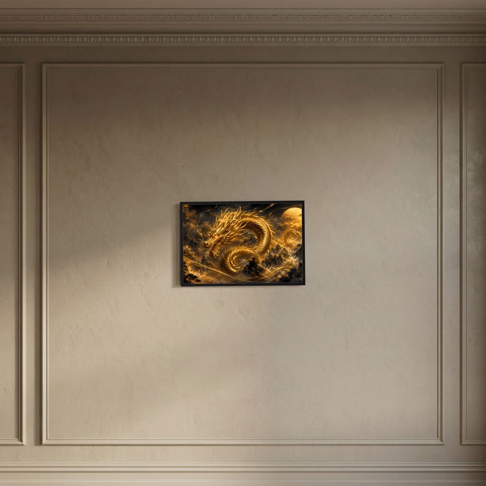 Kleines Poster mit goldenem Drachen über Tempelbergen, dunklem Hintergrund im schwarzen Rahmen