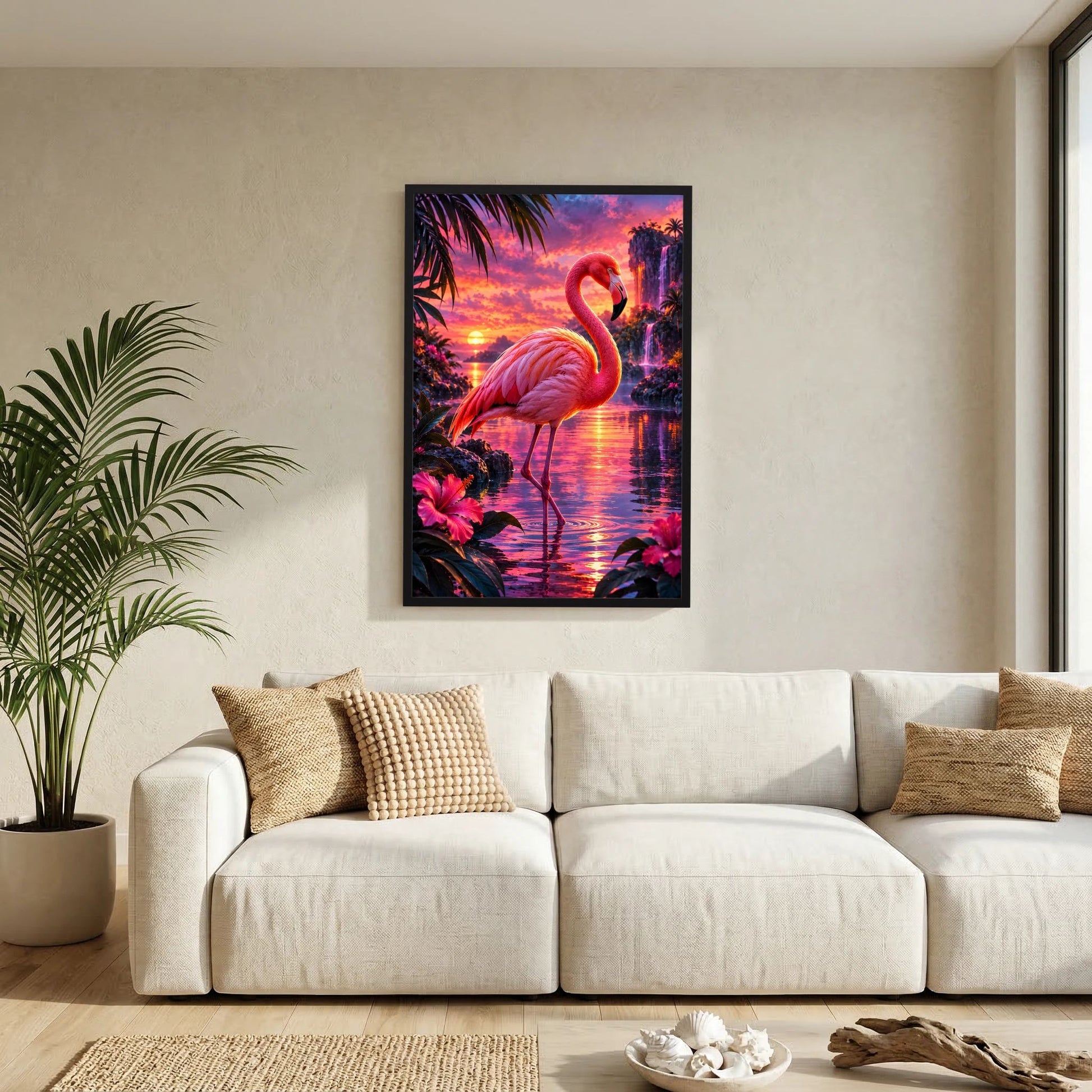 Flamingo-Tierposter im Hochformat mit schwarzem Rahmen vor hellen Wänden