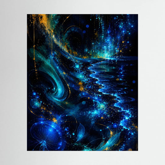 Hochformat-Poster mit abstrakten, leuchtenden Meereswellen in Blau und Gold