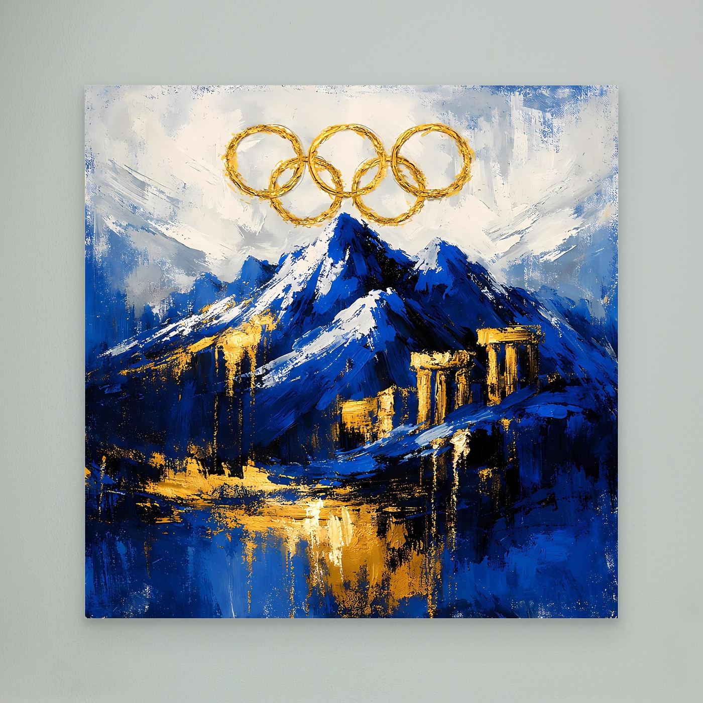 Leinwand Olympischer Geist am Mount Olympus | Abstraktes Berge Wandbild Gold Blau