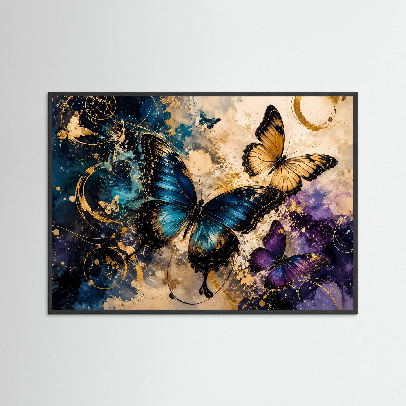 Gerahmtes Wandbild mit drei Schmetterlingen in Blau, Gold und Violett