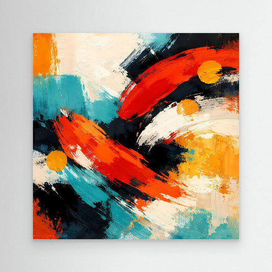Gerahmtes abstraktes Leinwandbild mit orange-roten, türkisfarbenen und schwarzen Pinselstrichen