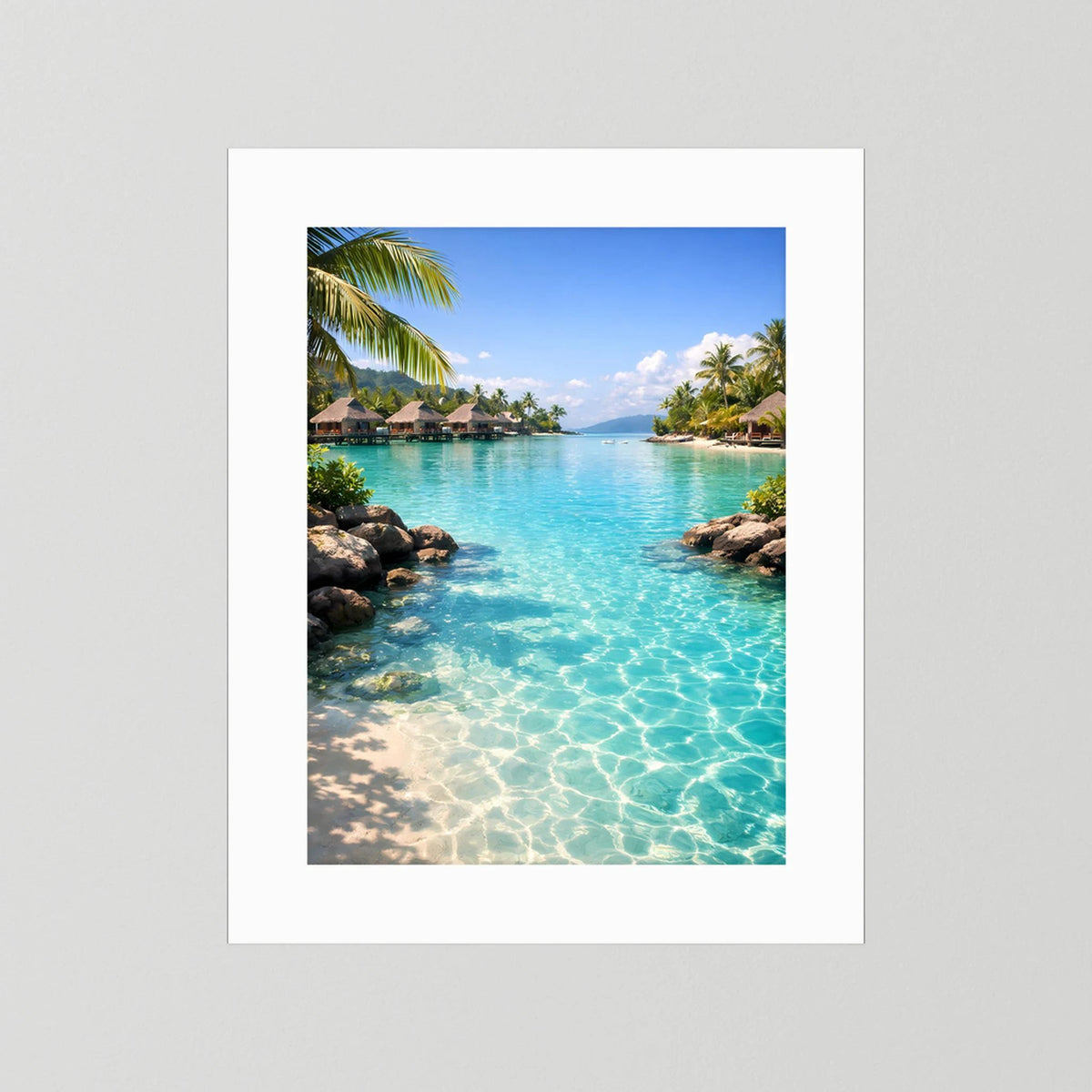 Hochformat-Wandbild mit weißem Rahmen und türkis klarem Wasser