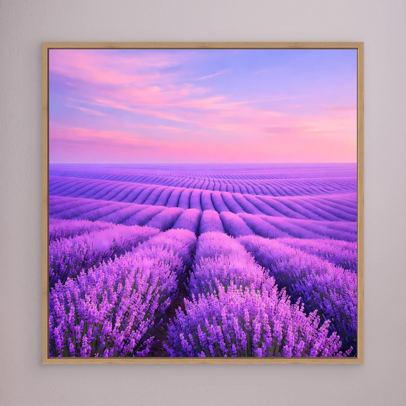Leinwandbild Lavendelfeld mit rosa Himmel, Holzrahmen