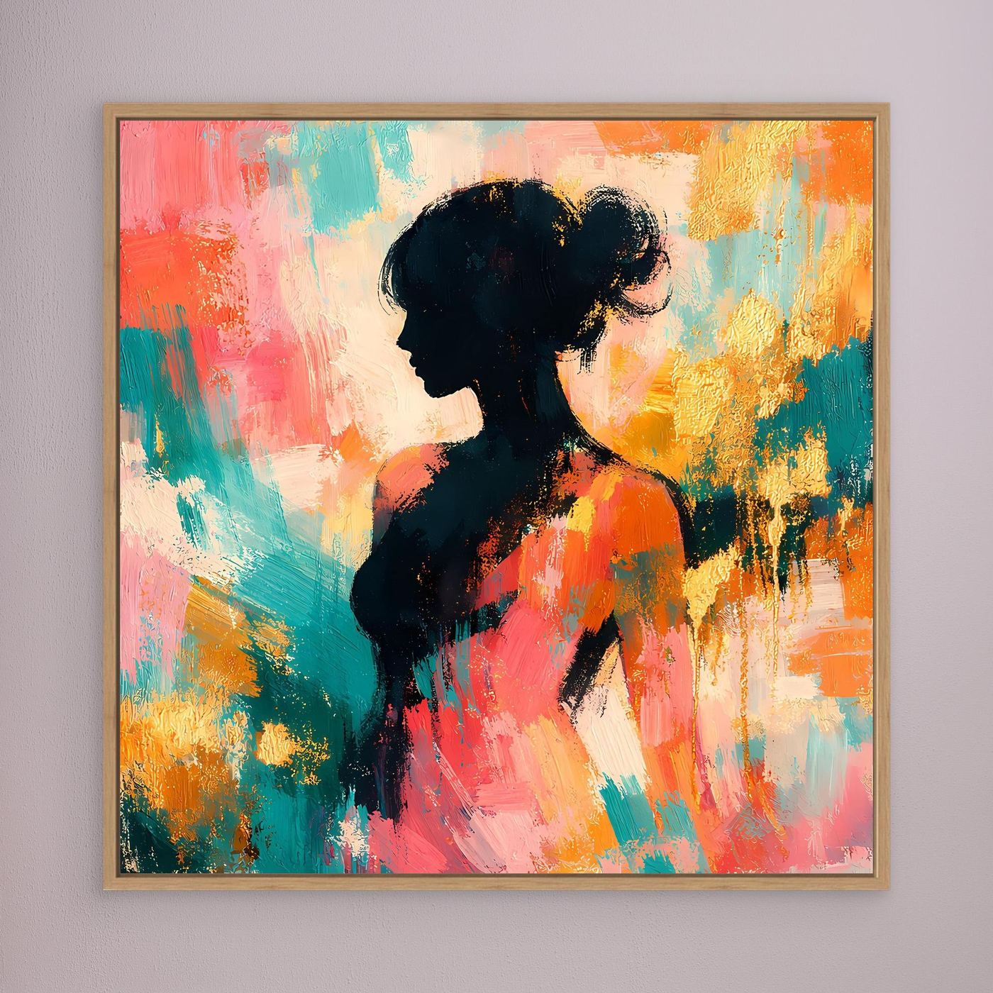 Leinwandbild mit abstrakter Frauen-Silhouette im Pastell, braun gerahmt