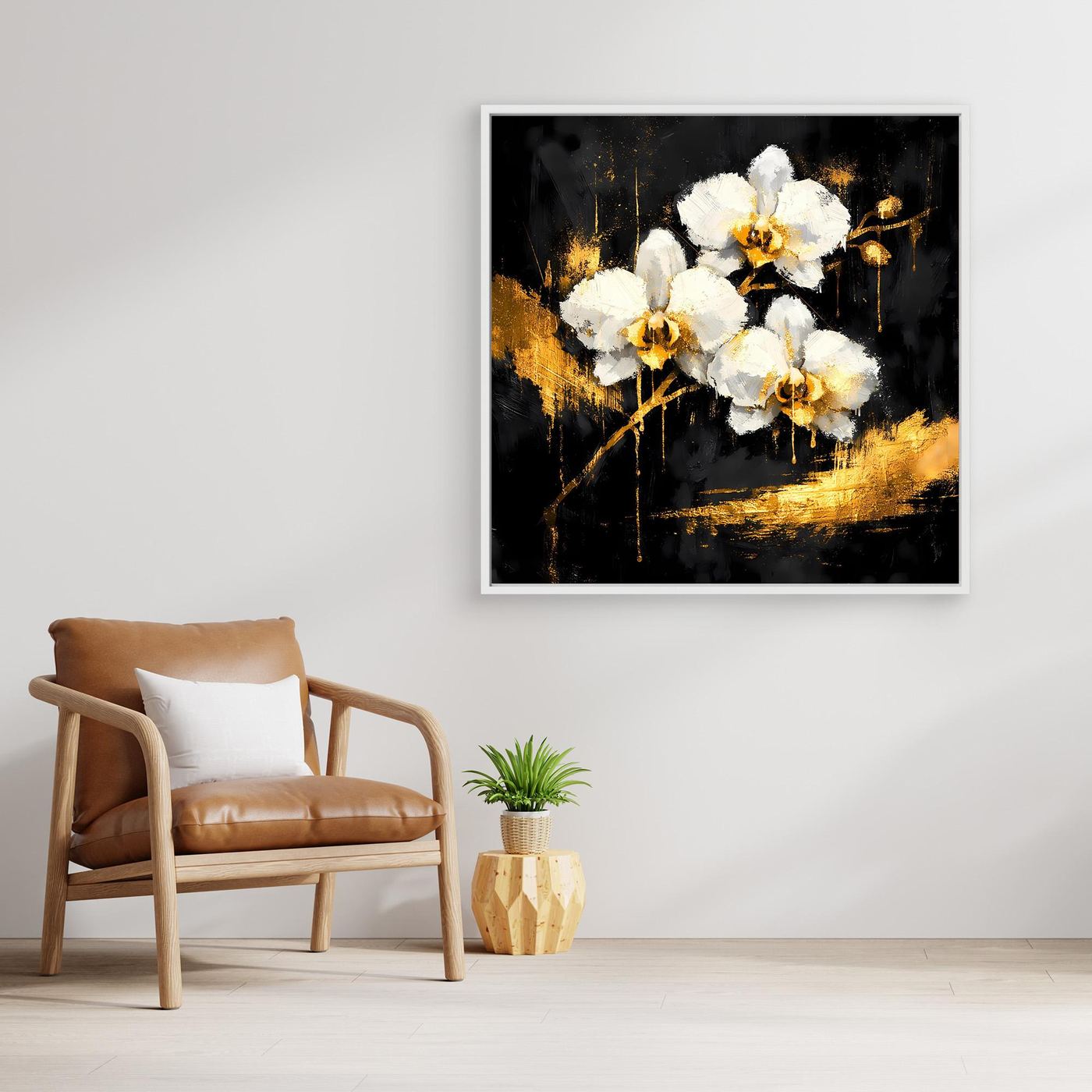 Leinwand Elegante Orchideen in Gold und Schwarz | Modernes Florales Luxus Wandbild