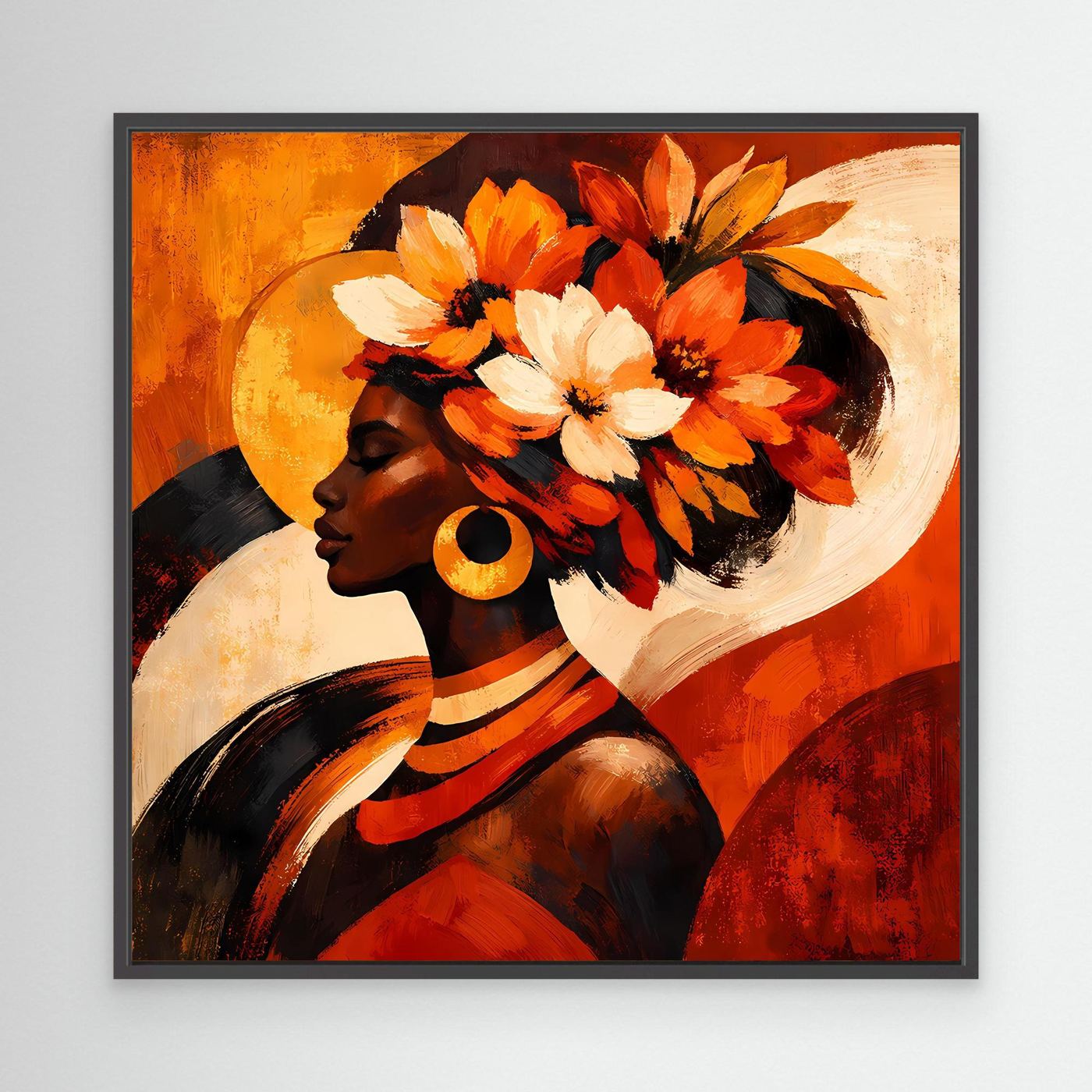 Leinwandbild mit Porträt einer Frau im Profil, orange-weißer Blumenkranz, mit schwarzem Rahmen