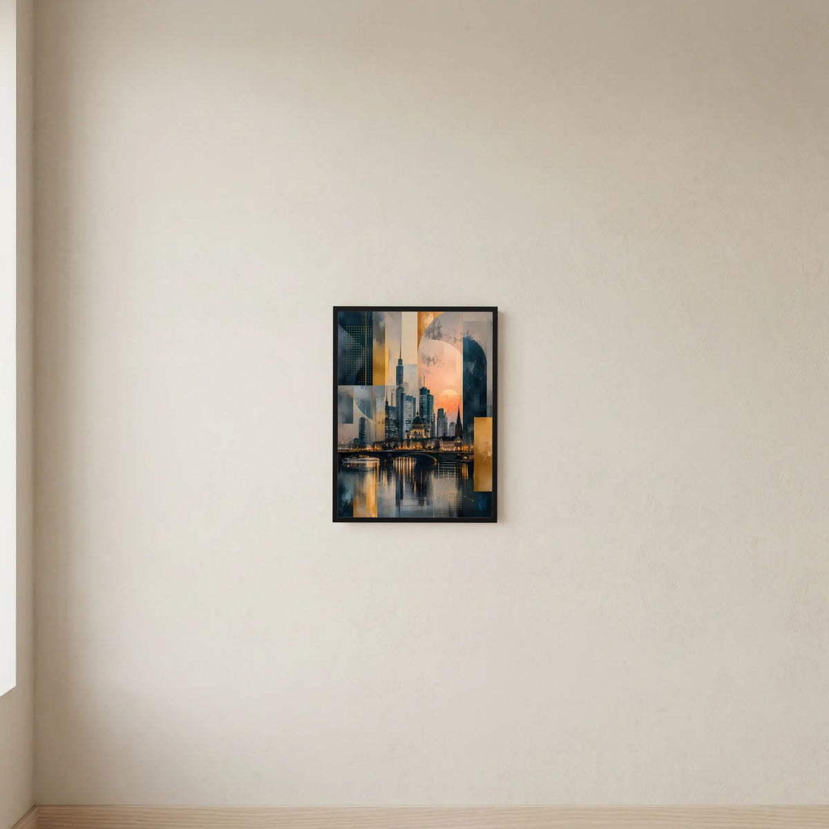 Kleines Poster im Hochformat mit abstrakter Skyline, Gold und Petrol, schwarzer Rahmen