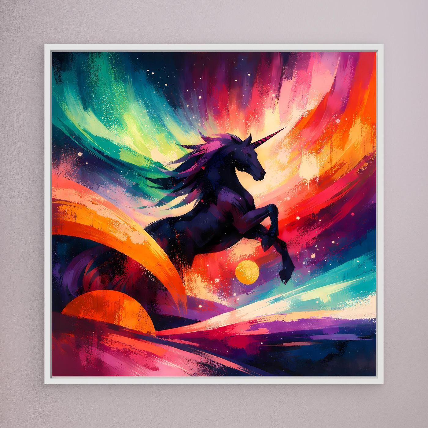 Leinwandbild im weißen Rahmen mit dunklem Einhorn und bunten Regenbogenbögen