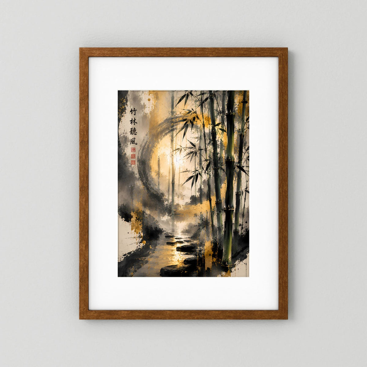 Kunstposter Hochformat mit Bambus-Zen-Landschaft, goldene Akzente, brauner Holzrahmen