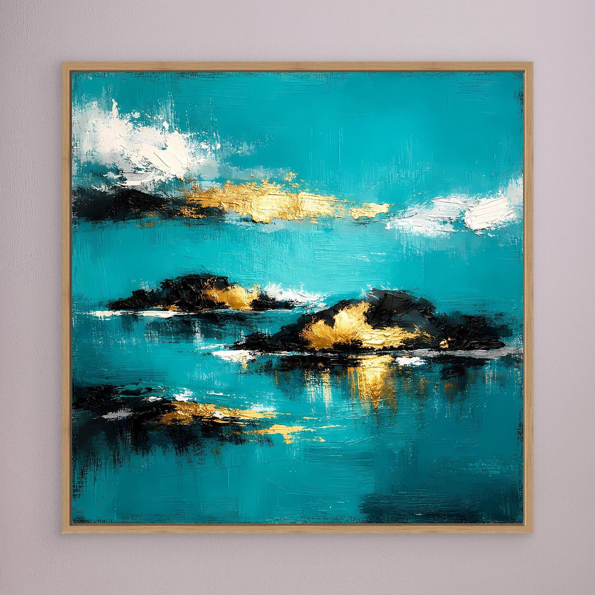 Quadratisches abstraktes Wandbild im goldbraunen Rahmen mit türkis-goldenen Inseln und Reflexen.