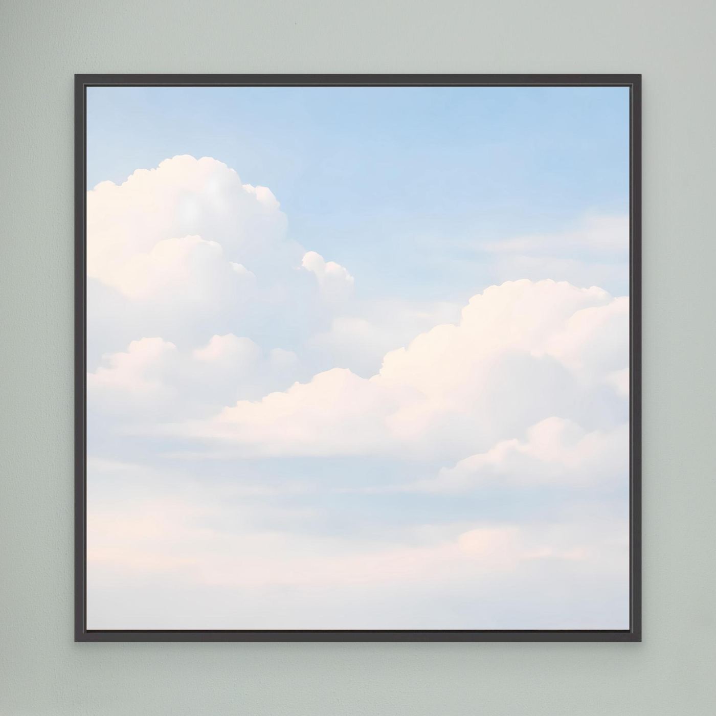Quadratisches Leinwandbild mit Wolkenmotiv im pastelligen Himmel, schwarzer Rahmen