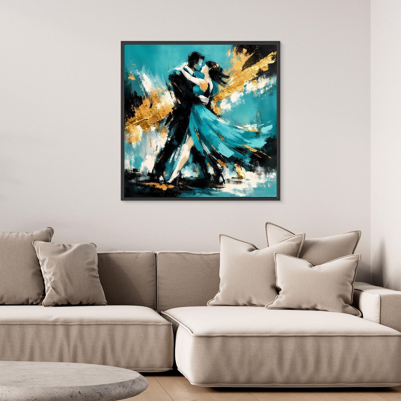 Leinwand Abstraktes Tanzpaar in Türkis und Gold | Modernes Romantisches Paar Wandbild